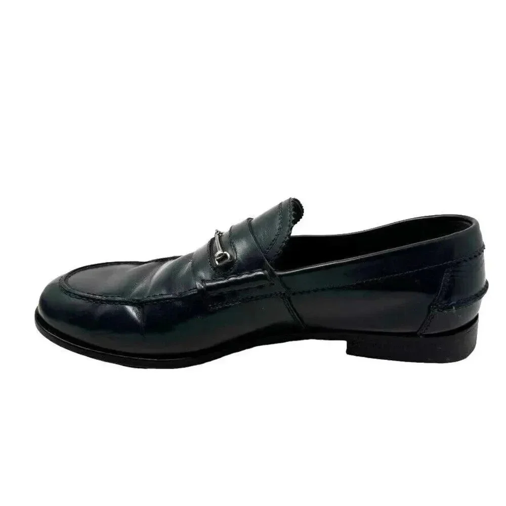 Gucci Mens black smooth leather horsebit loafers shoes size 8.5